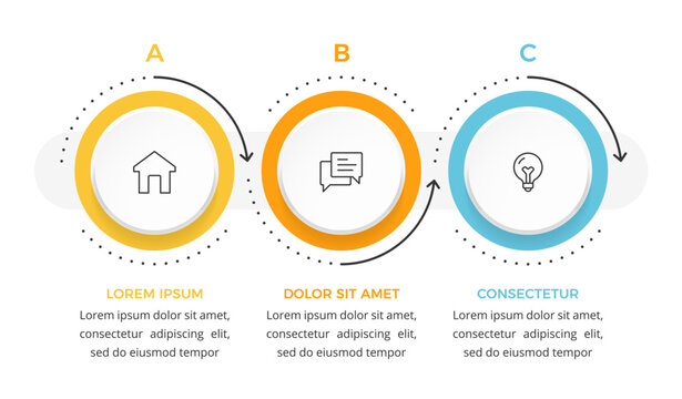 Horizontal infographic template with three connected circles with icons