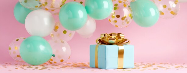The gift box with gold bow surrounded by pastel balloons and confetti celebration