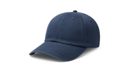 Navy blue baseball cap with curved brim isolated on transparent background