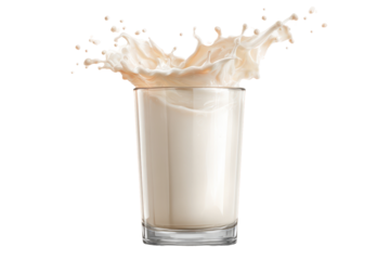 Milk splashes from a glass on a white background during a moment of high activity in a kitchen setting