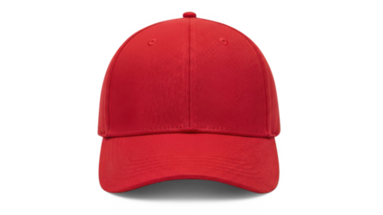 Red baseball cap with textured fabric and curved brim isolated on transparent background