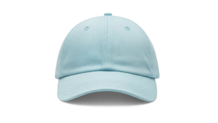 Light blue baseball cap with embroidered logo on front isolated on transparent background