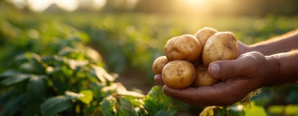 The Potatoes Held in Farmer Hands During Golden Hour Harvest in Lush Field