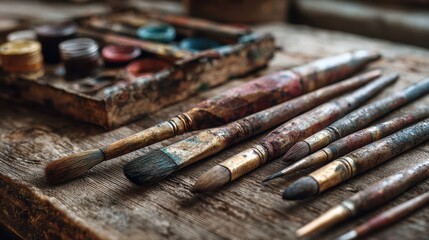 Fototapeta premium Art tools rest on a wooden table next to a palette filled with various colors after a painting session in a studio