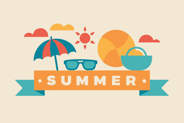 summer text banner palm tree umbrella surfing boat ball sunglass sun clouds vector