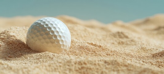 The golf ball resting in a sand bunker with soft sunlight and shallow depth