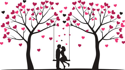 Couple on swing between heart trees, isolated on white background
