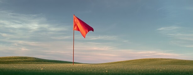 The red flag standing alone on rolling green hills under a pastel sky
