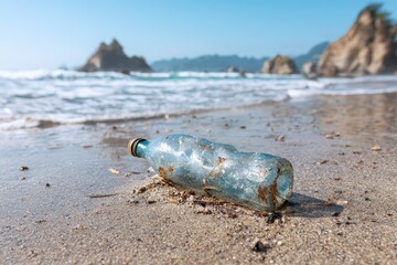 Obraz premium Bottle washed ashore on a beach with rocks and waves in the background on a sunny day