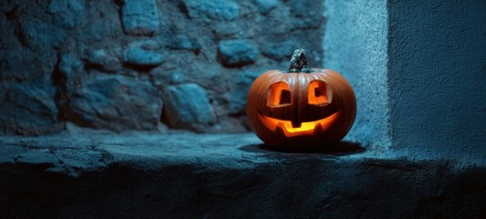 The Pumpkin Jack-o'-lantern Glowing on Stone Ledge in Moody Blue Light