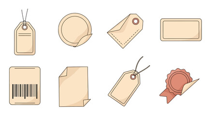 Set of various blank paper tags and labels, including price tags, badges, and stickers, for e-commerce, sales, and retail branding