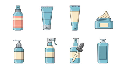 Collection of various cosmetic and skincare product containers, including bottles, tubes, and jars, illustrated on a white background