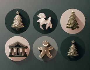 Christmas holiday icon set featuring festive winter elements such as candy cane, snowman, gift box, bell, star, gingerbread, ornaments and decorations.