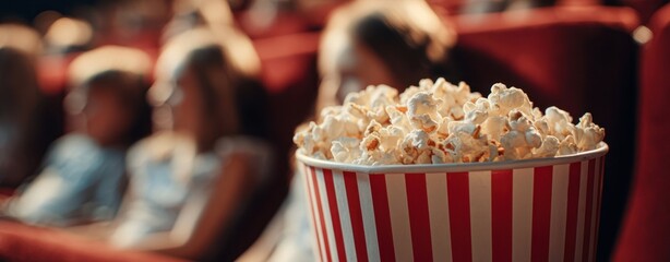 The popcorn bucket in a cozy cinema with blurred audience enjoying a movie