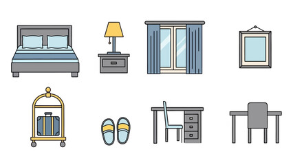 Collection of hotel room furniture and amenities icons for interior design and hospitality services