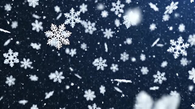 Snowflakes Macro Falling - This macro video depicts snowflakes falling against a dark blue background. The video is heavily textured and detailed, and is slightly blurred.