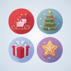 Christmas holiday icon set featuring festive winter elements such as candy cane, snowman, gift box, bell, star, gingerbread, ornaments and decorations.
