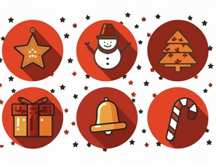 Christmas holiday icon set featuring festive winter elements such as candy cane, snowman, gift box, bell, star, gingerbread, ornaments and decorations.