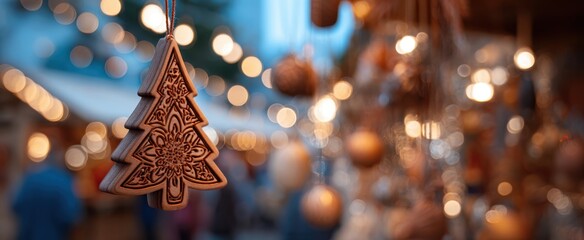 The wooden Christmas tree ornament hanging at a festive market with warm bokeh lights