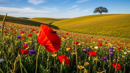 Vibrant wildflowers in a sun-drenched meadow with rolling hills.