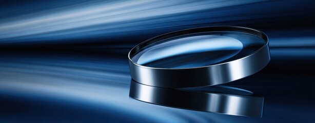 The metallic lens ring resting on a sleek motion blurred blue reflective surface
