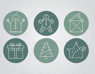 Christmas holiday icon set featuring festive winter elements such as candy cane, snowman, gift box, bell, star, gingerbread, ornaments and decorations.