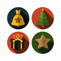 Christmas holiday icon set featuring festive winter elements such as candy cane, snowman, gift box, bell, star, gingerbread, ornaments and decorations.