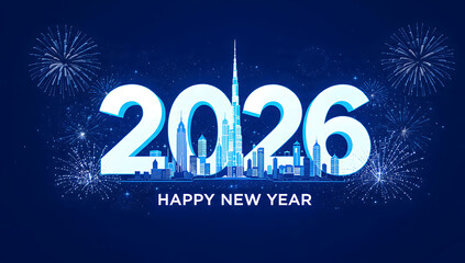 New year 2026 greeting card with a modern city skyline and sparkling fireworks display