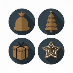 Christmas holiday icon set featuring festive winter elements such as candy cane, snowman, gift box, bell, star, gingerbread, ornaments and decorations.