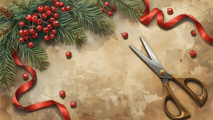 Festive Christmas Decoration with Holly, Red berries, ribbons and scissors for holiday craft