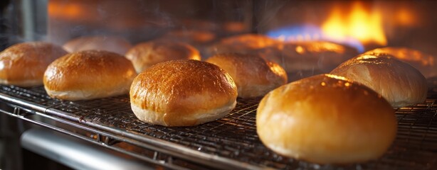The bread rolls baking in a hot oven with golden glossy crusts