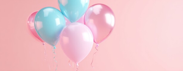 The Balloons Cluster of Pastel Pink and Blue Party Decorations on Pink Background