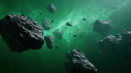 Asteroids floating in space with a green background and distant stars visible in the scene