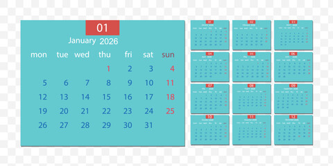 Set of calendars 2026 years. Week starts on Sunday. Calendar Set for 2026 . Yearly planner layout with 12 month. Vector illustration