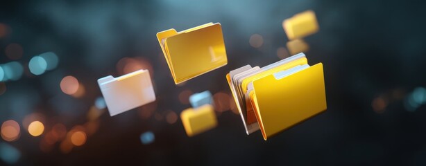 The File Folders Floating in a Digital Cloud Storage Concept with Bokeh Lights