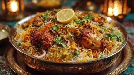 Delicious plate of biryani with chicken, spices, and lemon served on a decorated table during an evening gathering