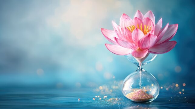 Pink lotus flower in hourglass symbol concept of time and transience