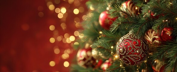 The Christmas tree adorned with red and gold baubles and glowing bokeh lights