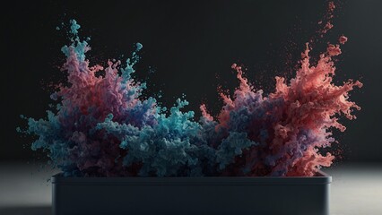 Black box with blue red and pink paint splashing out of it, 3d render style background - Generative AI