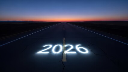 Illuminated 2026 on cracked desert road at twilight, symbolizing the journey towards the future, new beginnings, and the year 2026 horizon.