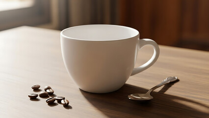 A white ceramic coffee mug on a wooden table with scattered coffee beans and a silver spoon with cup and breakfast and morning and beverage and still life
