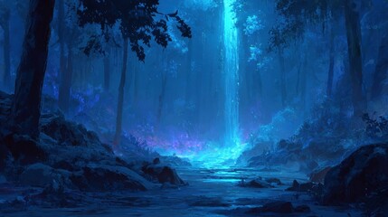 Waterfall flows through a dense forest during a nighttime scene with blue light illuminating the surroundings