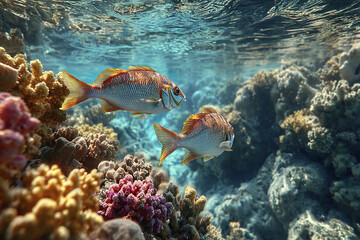 Fototapeta premium Underwater coral reef with two colorful fish swimming near vibrant coral formations in clear blue ocean water, showcasing natural marine life and peaceful aquatic environment