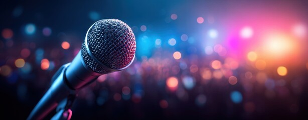The Microphone on Stage with Colorful Bokeh Lights and Crowded Concert Audience