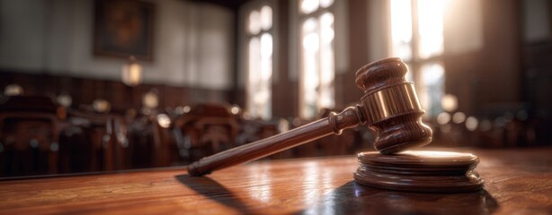 The Gavel on a Wooden Bench in a Sunlit Empty Courtroom Symbolizing Justice