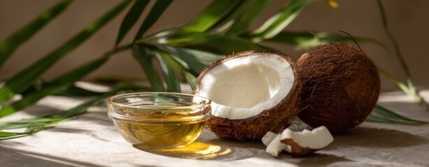 The Coconut and Glass Bowl of Golden Coconut Oil with Tropical Leaves