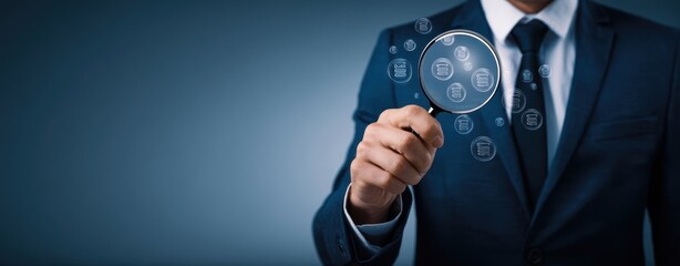 The Magnifying Glass Held by a Businessman Revealing Digital Data Icons