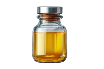 Oil in a clear glass bottle with a cork stopper sitting on a plain surface in a well-lit space