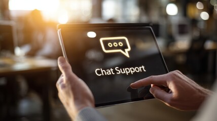 online customer journey Tablet displaying chat support interface in a modern workspace setting.