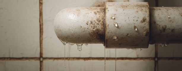 The Pipe with Rust and Dripping Water Over Old Tiled Wall in Closeup